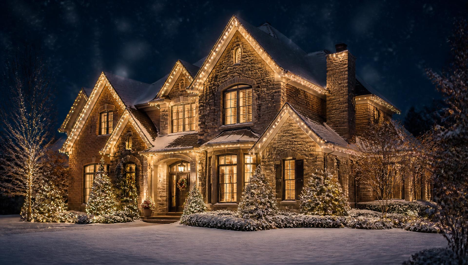 Large stone St. Louis home at night with warm white C9 Christmas lights on every roofline and lit evergreens in the snow