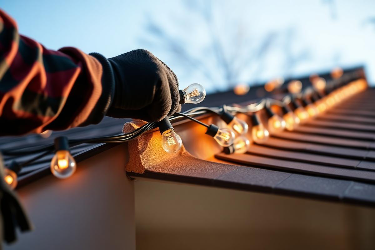 Installer clipping C9 bulbs along a shingled roofline