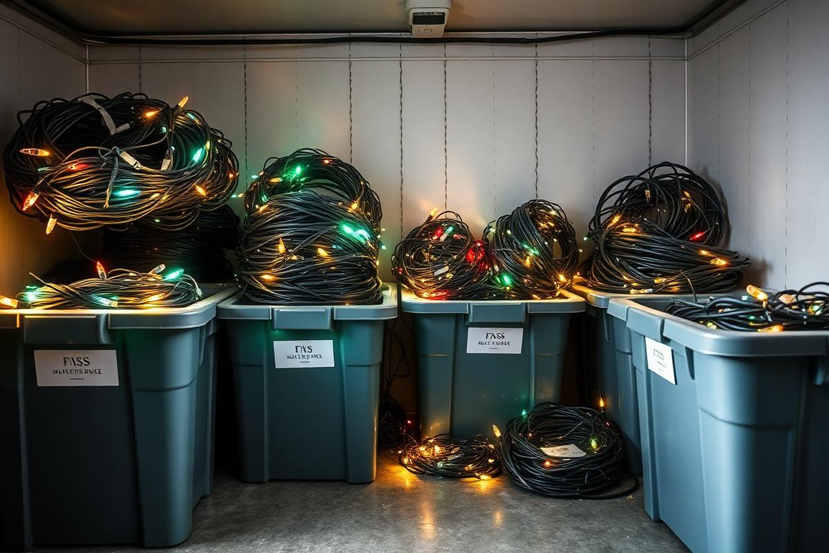 Coiled light strands in labeled storage bins in a garage