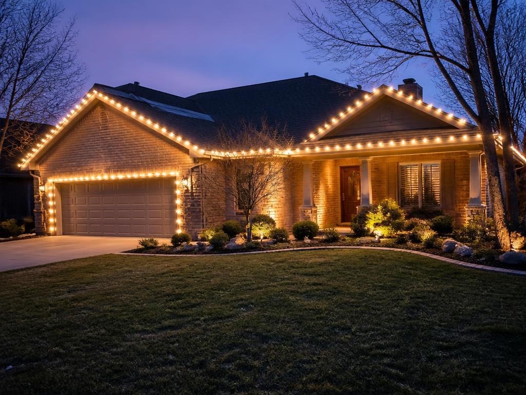 Brick ranch home with warm white C9 bulbs along roofline and garage