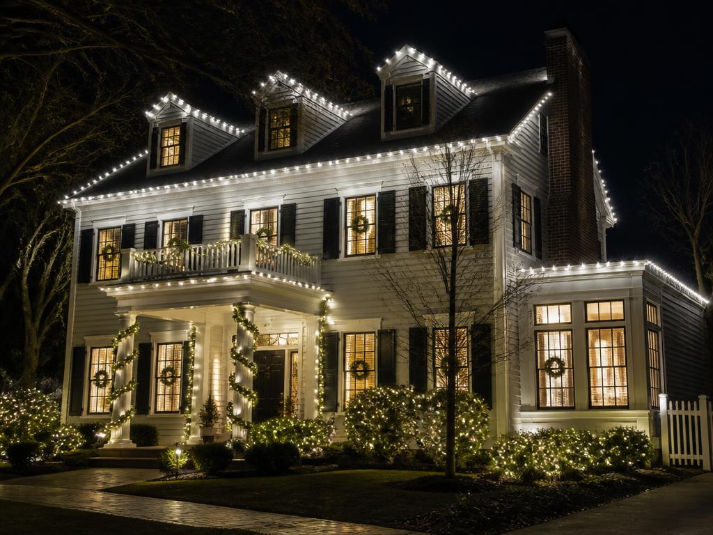 Two-story colonial home outlined in pure white LEDs with garland columns