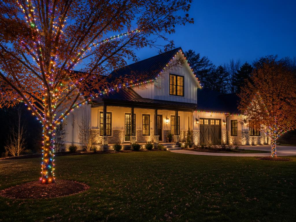 Modern farmhouse with multicolor roofline lights and wrapped trees