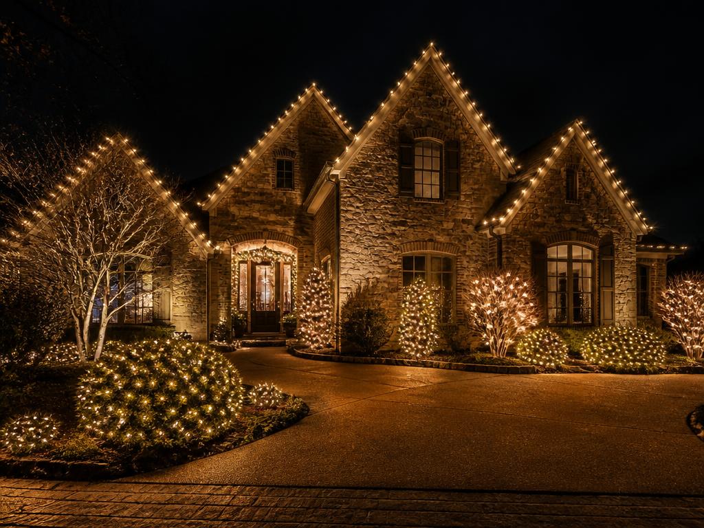 Stone two-story home with warm white roofline and lit shrubs