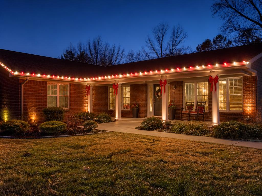 Ranch home with candy cane red and white roofline and columns