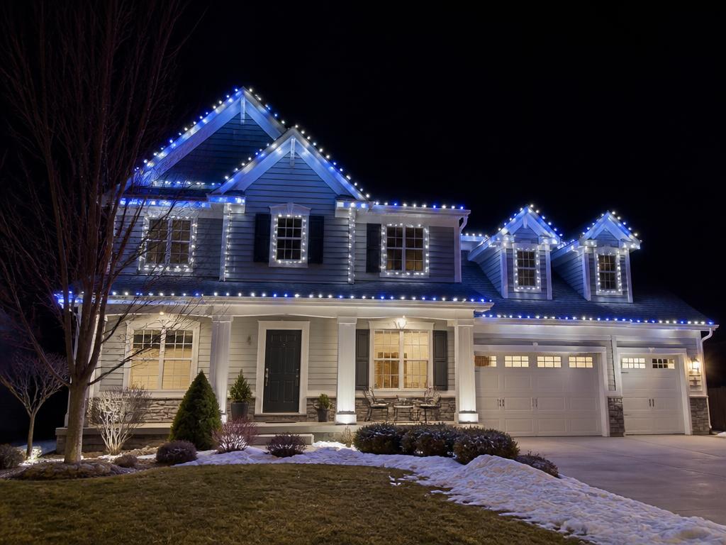 Two-story home with blue and pure white roofline and window lights
