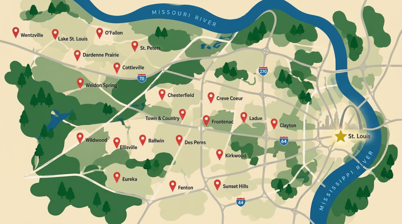 Map of Deck The Lights service areas across St. Louis and St. Charles County